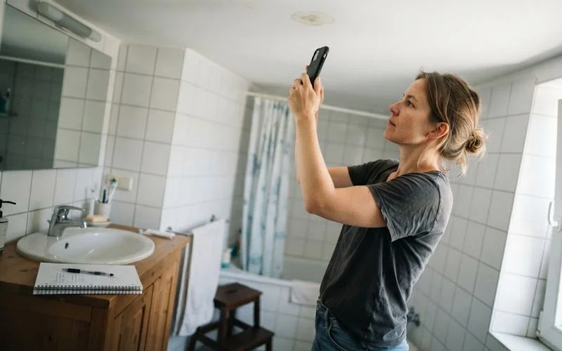 A tenant pointing at a water stain on a ceiling while a landlord looks on, with a notebook recording the problem